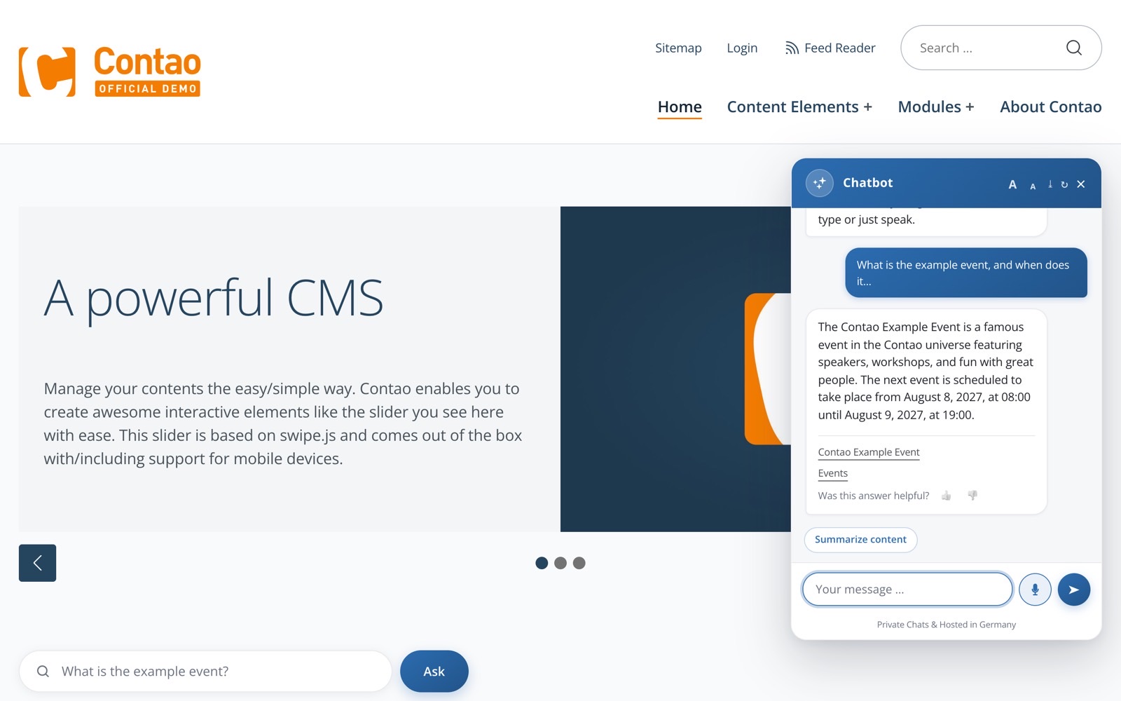 Chat-Widget auf einer Website mit Frage, Antwort, Quellenlinks, Mikrofon-Knopf und Hinweis „Private Chats & Hosted in Germany“